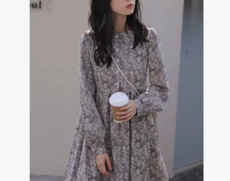 安小落春季新款小众设计碎花连衣裙女长裙慵懒...