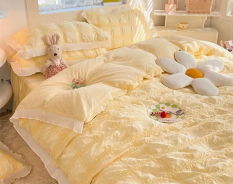 韩版ins风水洗棉泡泡纱四件套奶黄公主风花...