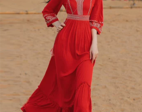 红色连衣裙夏女长袖新疆旅游＇穿搭沙漠长裙拍...