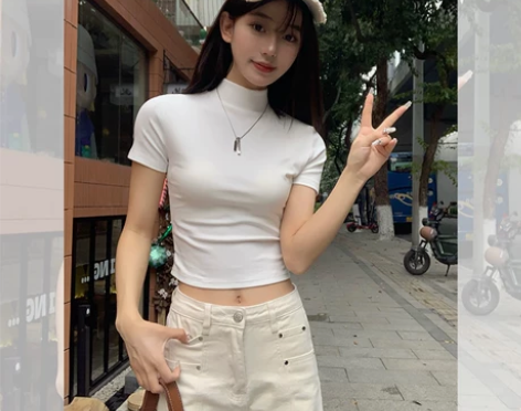 宋正恩正肩t恤女短袖夏装辣妹纯棉修身显瘦白...
