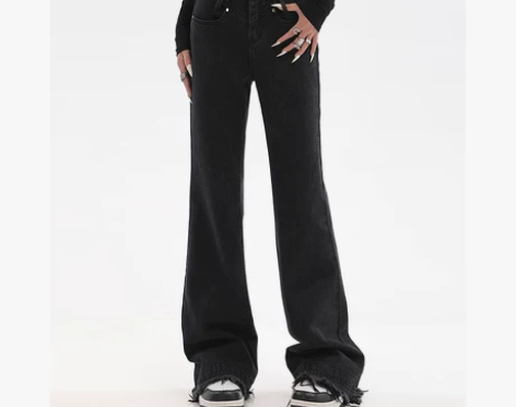 春季复古黑色毛边微喇牛仔裤女美式高街设计感...