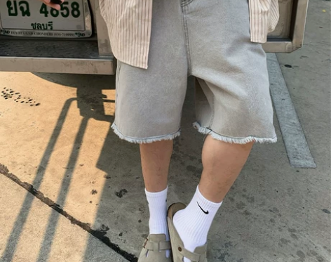 R1DGE复古毛边直筒阔腿牛仔短裤男休闲宽...