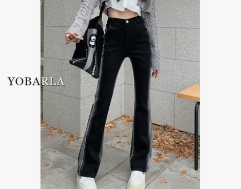 黑色修容直筒牛仔裤女秋冬季加绒大码胖mm高...