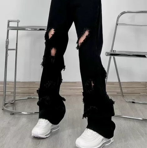 爆款美式复古破洞微喇叭黑色牛仔裤男女潮牌高...