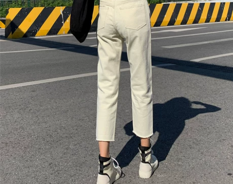 米白色牛仔裤女春秋2021新款高腰初恋学生...