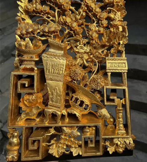 创汇时期 潮州精工金漆木雕博古图挂板 长4...