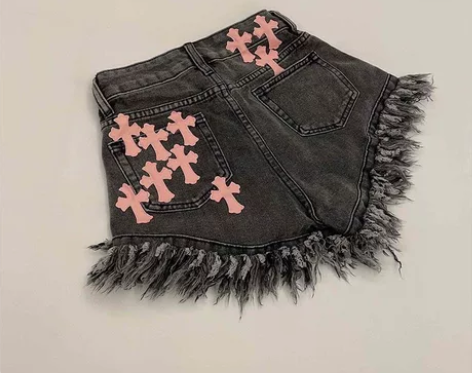 美式十字架高腰须边牛仔短裤女小众显瘦百搭洋...