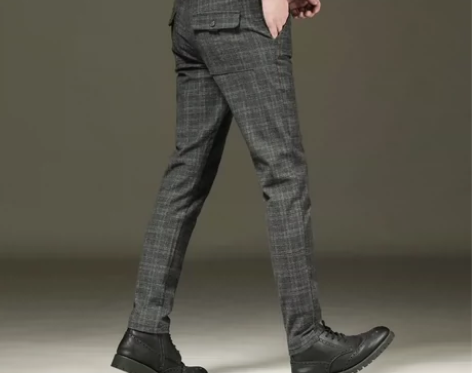 秋冬休闲裤男士青年直筒宽松格子裤子修身商务...