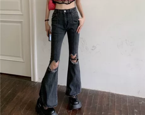 辣妹破洞牛仔裤女2024年春夏复古高腰修身...