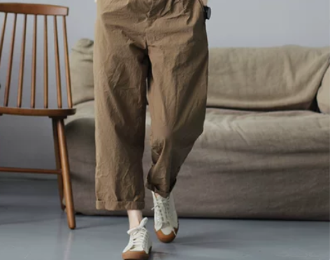 壹旧原著四季款高密纯棉复古卡其松紧腰九分翻...