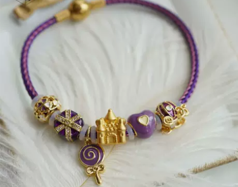 周家风格紫色钢丝绳手链串珠3d硬金手链大孔...