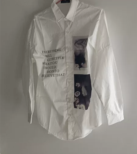 男士全新有点丝绸白色戴图片柳肩长袖衫，尺寸XL码，胸围110...