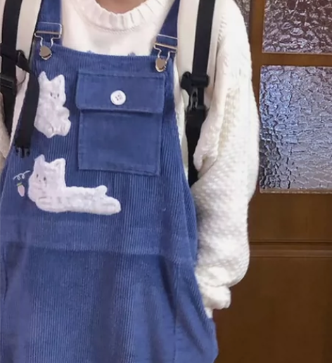 学院风灯芯绒蓝色背带裙女学生早秋新款甜美连...