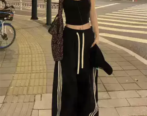 黑色美式休闲工装裤女夏季薄款速干高腰宽松显...