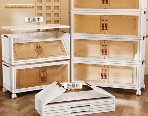 折叠收纳柜透明带轮加厚加固免安装双开门落地...