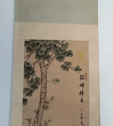 仿古书画卷轴 貂蝉拜月 纸本手绘 花绫装裱...