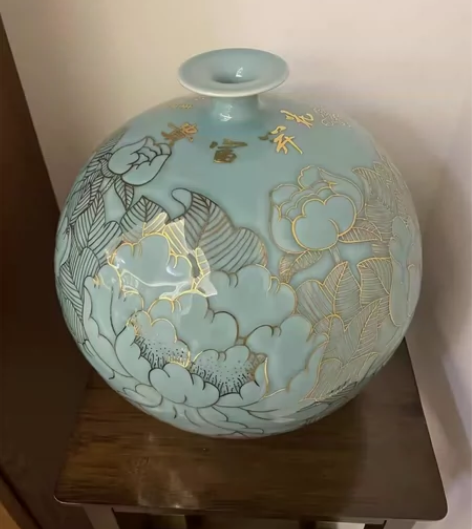 景德镇陶瓷器大师手绘青釉描金花瓶插花摆件客...