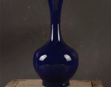景德镇建国瓷厂厂货瓷器单色釉祭蓝釉花瓶古玩...