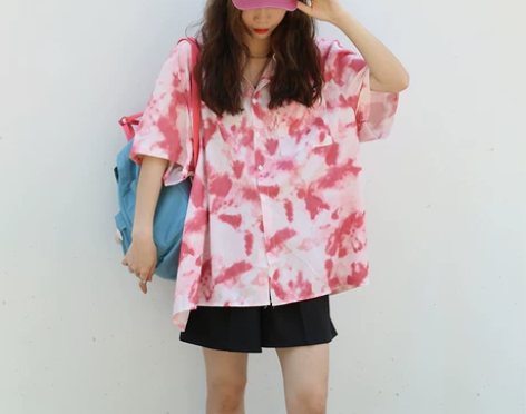 粉色扎染印花衬衫2021夏季新款宽松复古港...