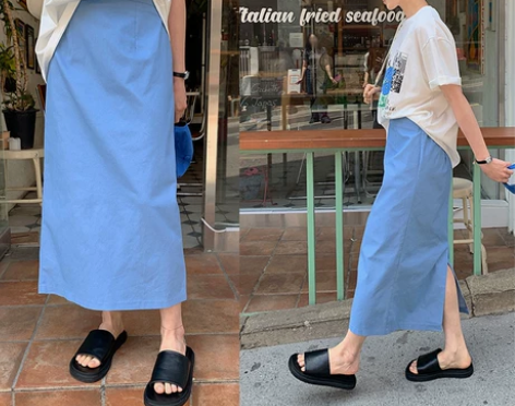 韩国代购 现货 松紧腰纯色直筒复古开叉半身...