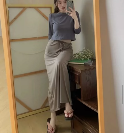 鱼没放复古文艺风 显瘦绑带半身长裙+7分袖...