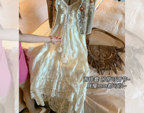曾小咸蕾丝民族风沙滩长裙女夏季海边度假风马...