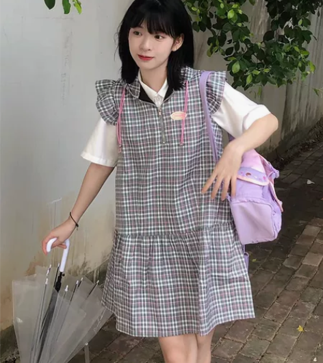 港风复古小飞袖连衣裙女夏季宽松显瘦翻领无袖...