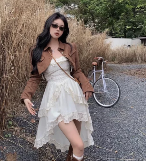 韩系女早秋前短后长纯欲气质吊带连衣裙复古港...