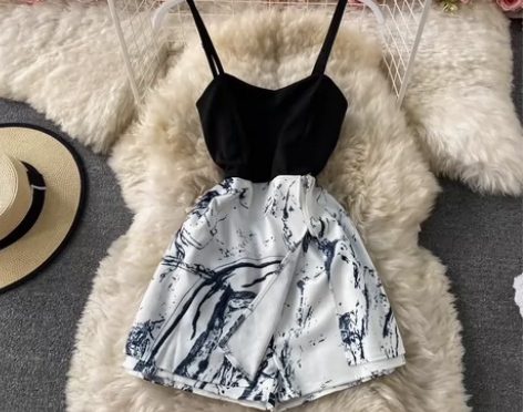 2024夏季高腰拼接格子假两件吊带连体裤裙...