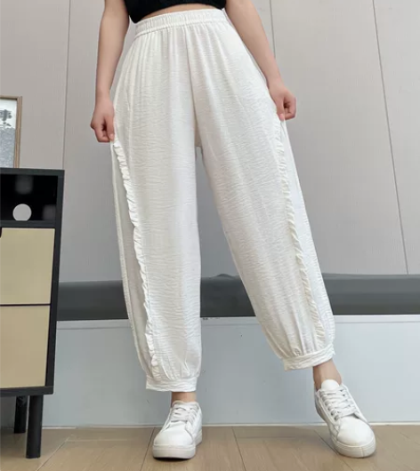 白色棉麻灯笼裤女夏季新款高腰显瘦纯色花边九...