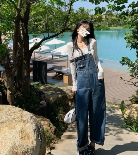 酷盐系牛仔背带裤女2024春秋新款高腰显瘦...