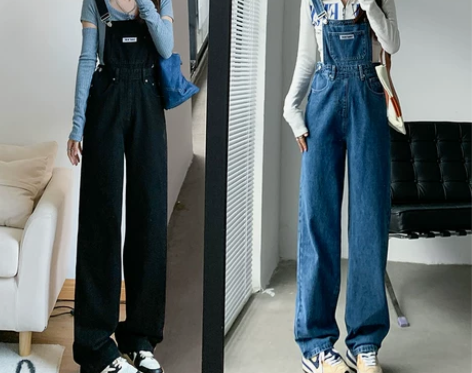 ?韩版牛仔背带裤女春秋2024新款高腰宽松...