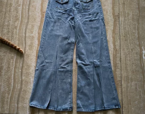 怀旧色打褶不贴腿喇叭裤牛仔阔腿裤加长 腰围...