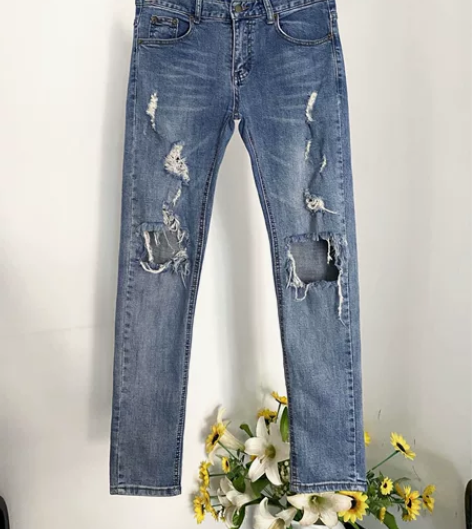 31码男士薄款破洞牛仔裤弹力修身直筒长裤 ...