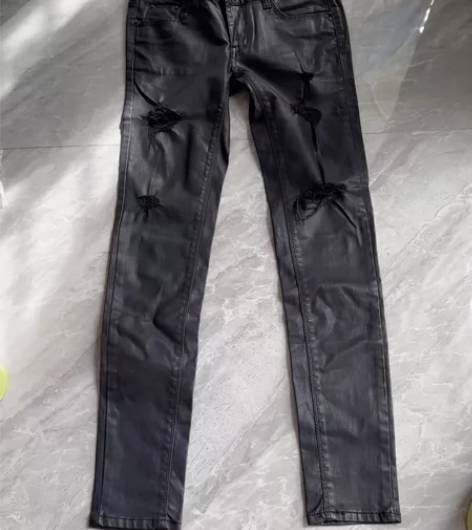 Jeans高端定制黑色破洞皮裤小脚裤铅笔裤...