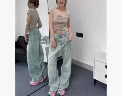 YEBOUN美式复古浅色水洗做旧牛仔裤男女...