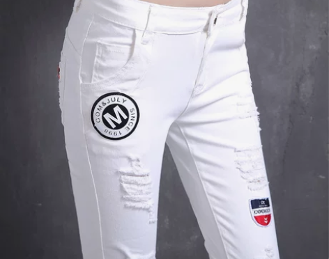 薄款白色破洞牛仔裤女夏秋长裤显瘦修身小脚裤...