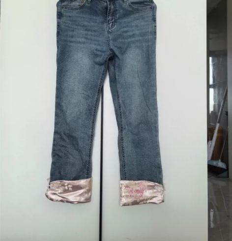 新中式 七分牛仔裤 小脚直筒裤 有弹力镶粉...