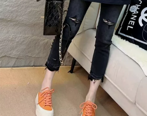 2024年春夏新款毛边破洞七分牛仔裤女大码...