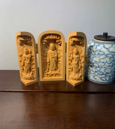 黄杨木雕手把件摆件随身佛龛三开盒木雕佛像观...