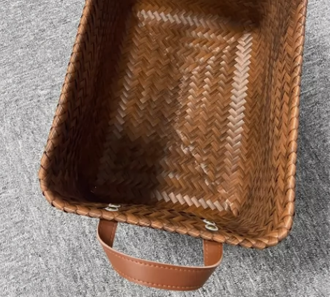 草编藤编收纳筐篓篮美式复古PU把手收纳箱 ...