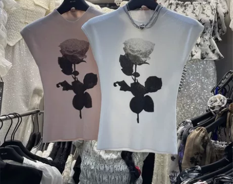 法式水墨玫瑰印花无袖针织衫2024夏季新款...