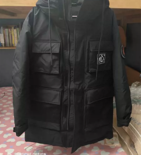 男士中长款羽绒服，派克服，鸭绒的，黑色的，...