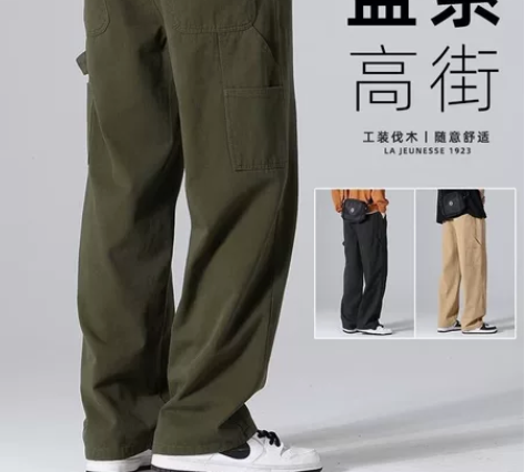 日系工装裤子男春夏季宽松纯棉美式复古伐木v...