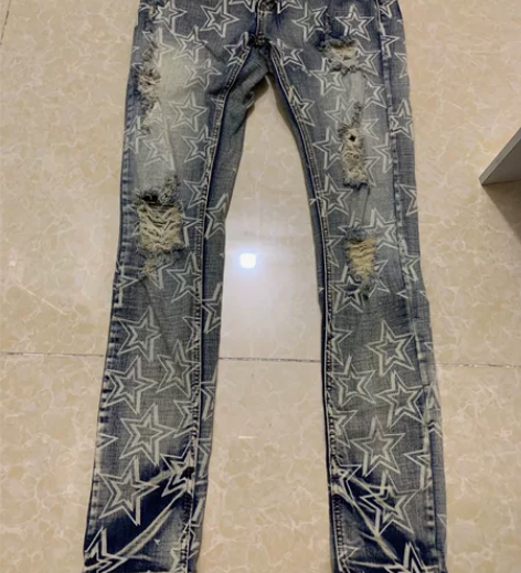 【清闲置】破洞高街五角星牛仔裤印花潮流潮牌...