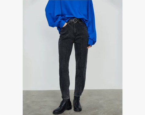 ?UR冬季新品女装休闲复古水洗简约黑色萝卜...