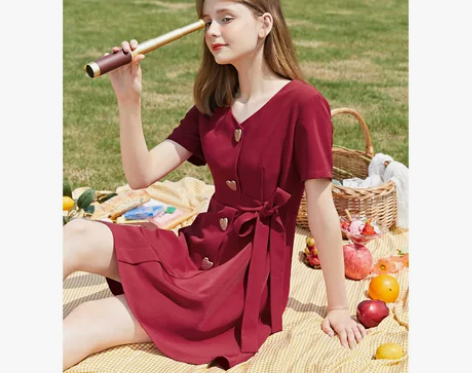 阔色法式复古桔梗裙2021夏季新款女装v领...