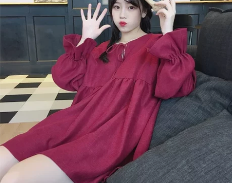 夏季女装韩版小清新领口系带宽松喇叭袖长袖连...