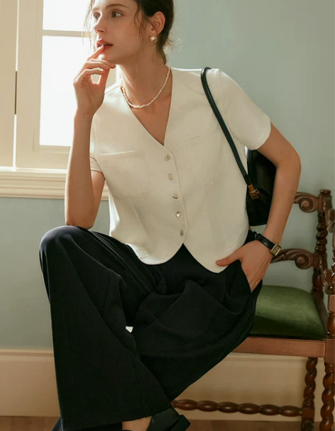 欧芮儿通勤V领短袖西装短外套女夏季薄款