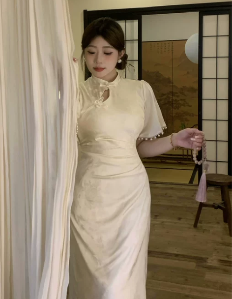 温与柔白玉兰新中式连衣裙夏季气质优雅收腰杏...